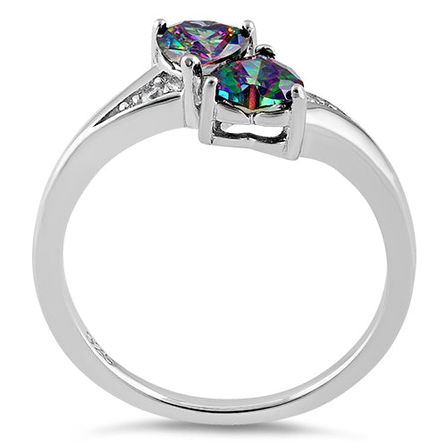 Sterling Silver Double Heart Rainbow Topaz CZ Ring