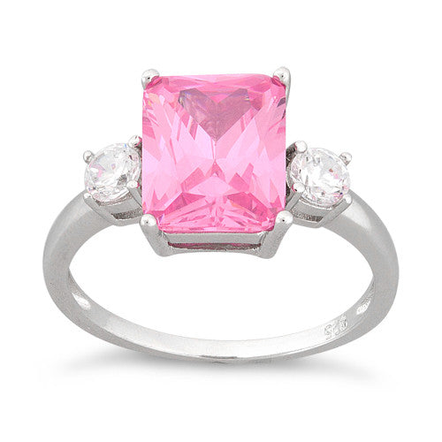 Sterling Silver Triple Rectangular Pink CZ Ring